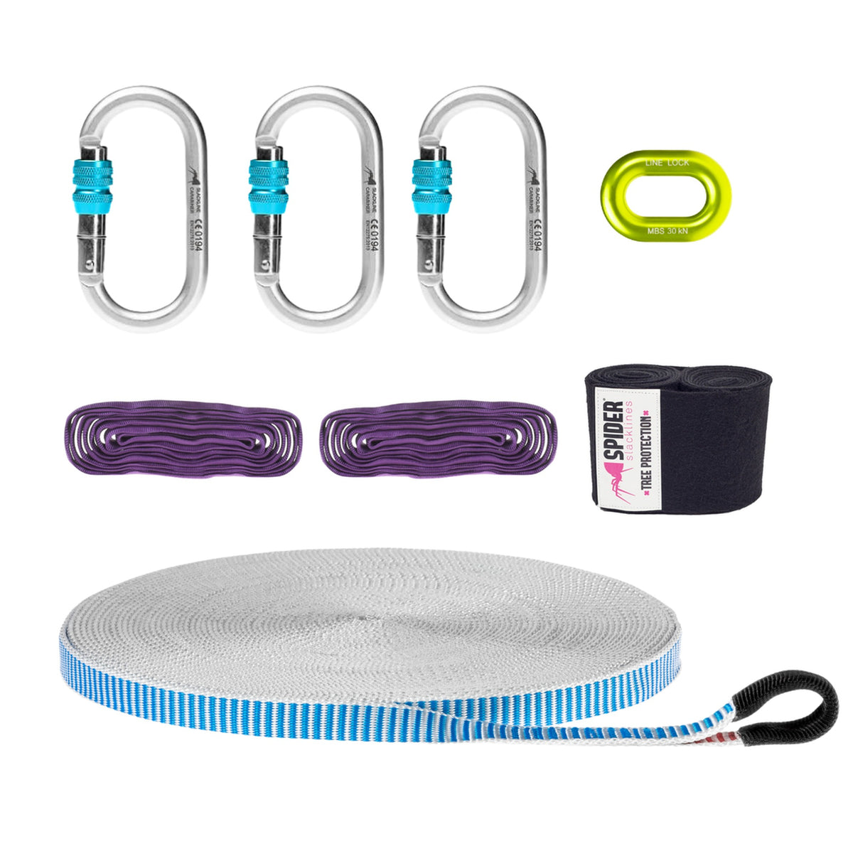 Todo lo que trae el KIT PRIMITIVO 25M: 3 mosquetones, 1 weblock, 2 spanset, 2 protectores de árbol y 25 m de cinta con ojal