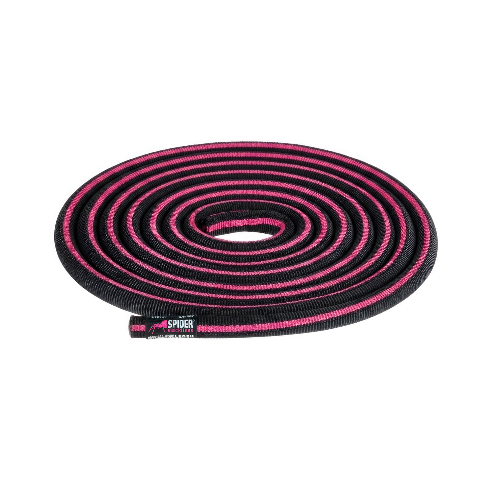 Leash de highline negro enrollado con etiqueta Spider Slacklines