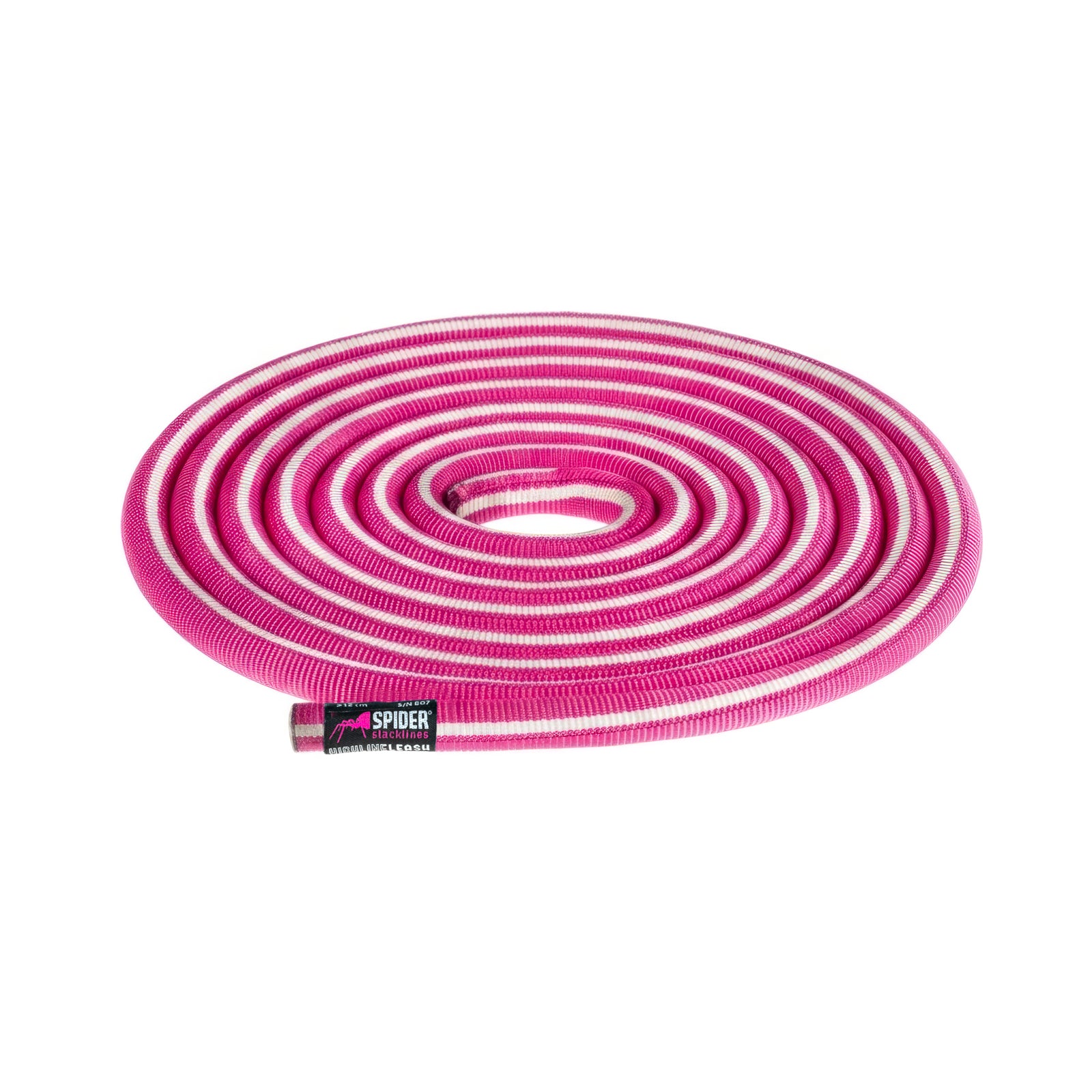 Leash de highline rosado enrollado con etiqueta Spider Slacklines